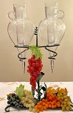 Vintage Wine Cellar Vineyard or Bar Decor Iron Stand Aerator w/2 Glass Decanters