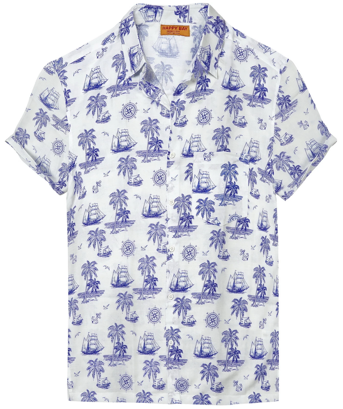 HAPPY BAY Mens Hawaiian Short Sleeve Button Down Shirts XXL Compass, White