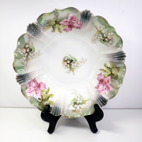 R.S. Prussia 10in Bowl with Rare Lily of the Valley Pattern & Pink Roses (c1900) - Zdjęcie 1 z 8