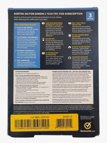 New Sealed Norton 360 for Gamers - 3 Devices / 1 Year Pre-Paid Subscription VPN - Picture 2 of 2