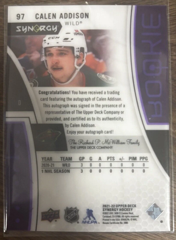2021-22 Upper Deck Synergy Rookies Purple /99 Calen Addison #97 Rookie Auto RC - Image 2 of 2