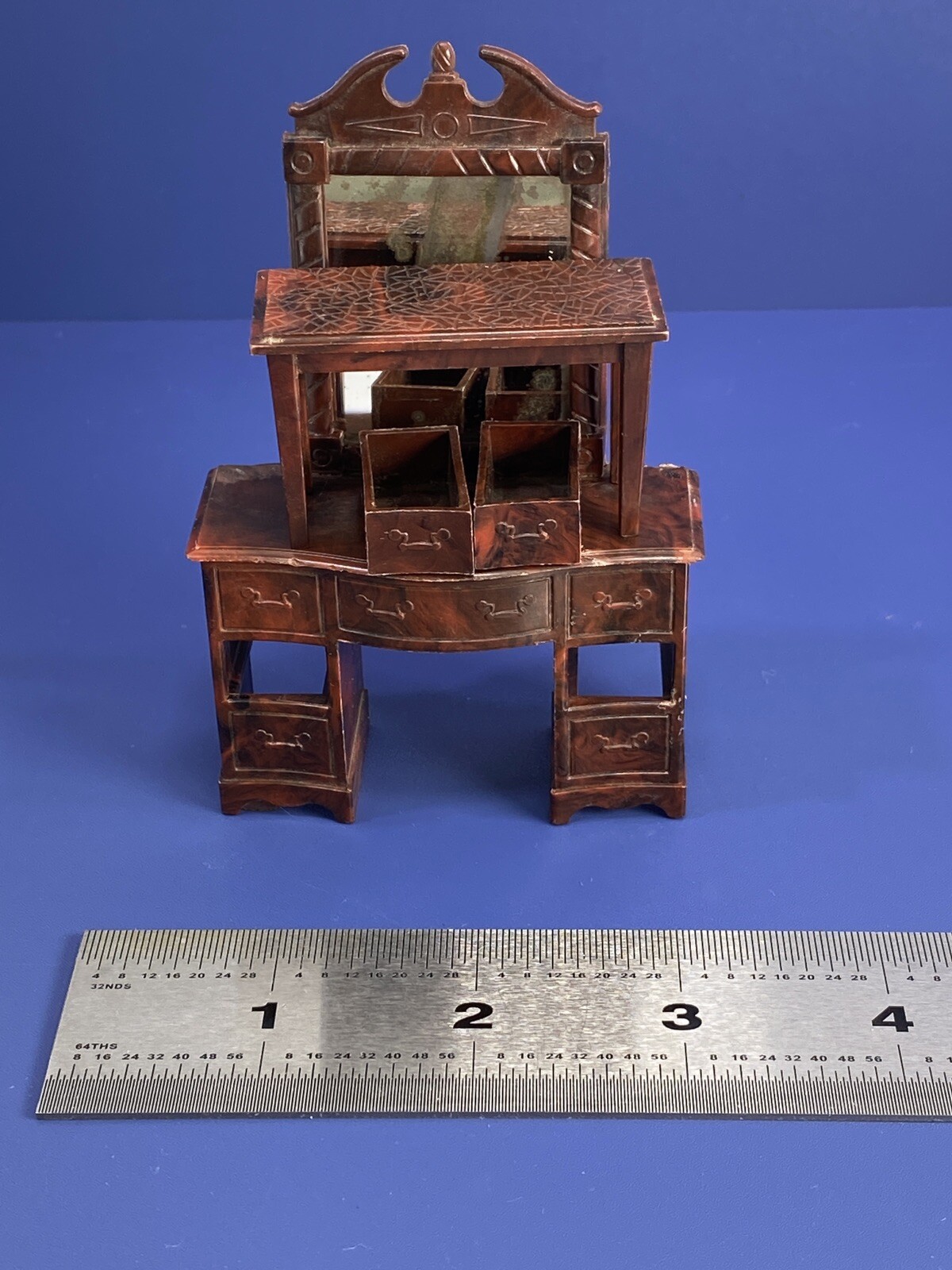 Vtg Renwal Dollhouse Furniture Brown Mirror Drawer Vanity B82 & Bench