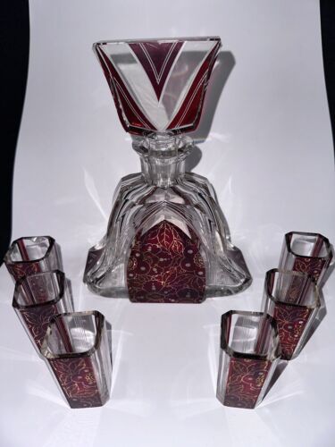 Red Bohemian Art Deco Glass Decanter with Stopper and Liqueur Service 6 Glasses - Picture 1 of 6