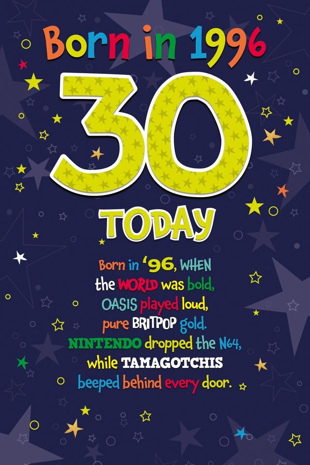 30th Birthday Card Born In 1996 Male Year Facts Cherry Orchard 6.2"" x 9""
