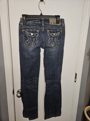 MEK Denim Lagos Boot Cut Jeans Womens 26 Distressed Blue Embroidered Pockets