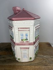 GENUINE WEISS VICTORIAN HOUSE CERAMIC COOKIE JAR IN PINK & WHITE W/ TREE 10”