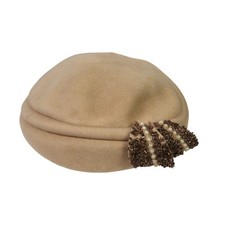 Vintage 50's tan felt wool bead embellished fascinator beret hat