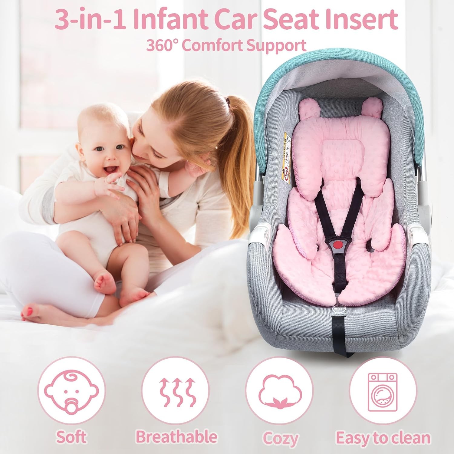 3-in-1 Reversible Car Seat Head & Body Support, Soft Infant Pillow Insert, Pink