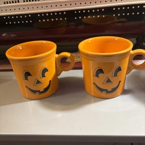 PAIR FiestaWare Retired Happy Pumpkin Mug Halloween Jack-O-Lantern - SEE PICS
