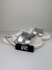 Size 3 NWT Steve Madden Girls Shoes MAYVEN Silver H Band White Sandals Slides