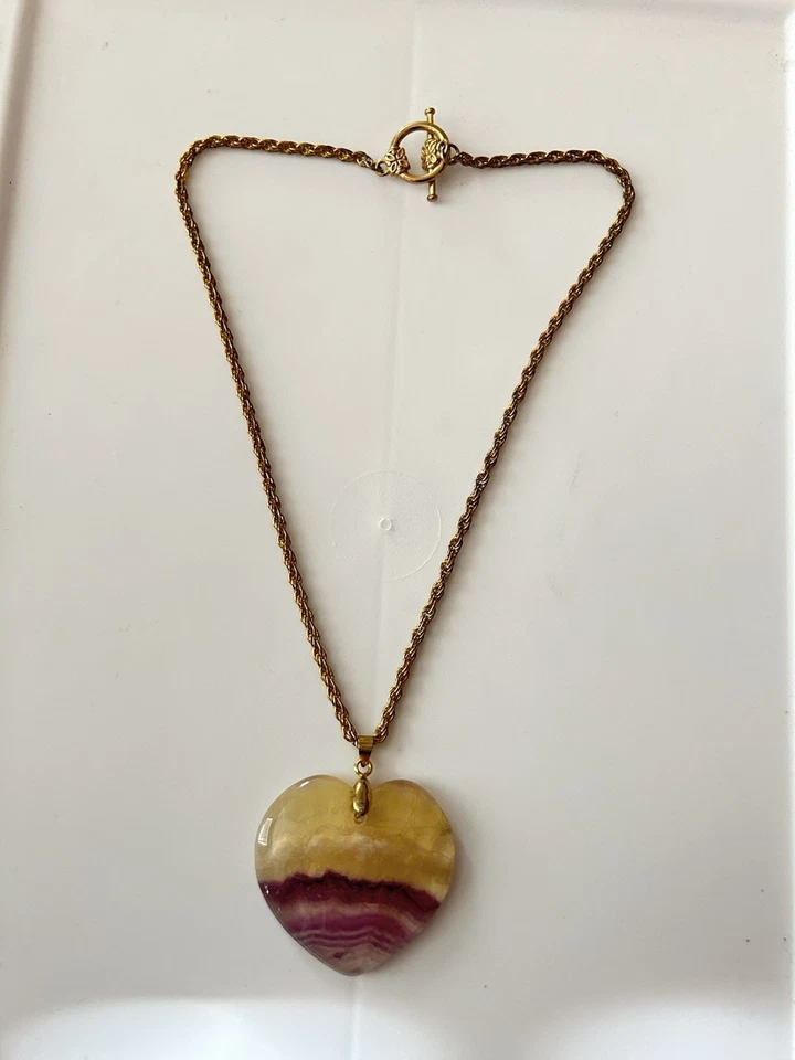 18k CP Marked Large Amethyst candy Fluorite heart Gold Plated Rope Necklace - Image 3 of 4
