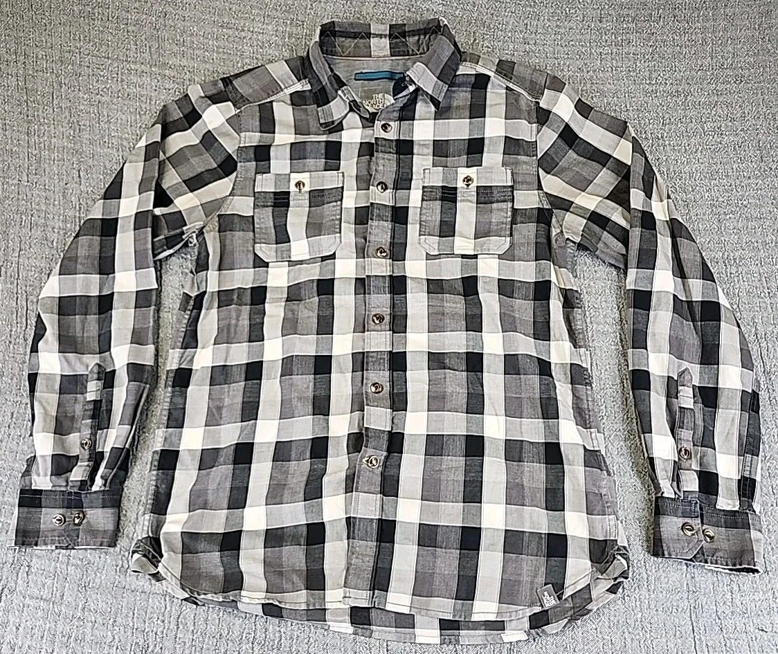 The North Face Shirt Mens Medium Gray White Plaid Long Sleeve Button Up Outdoor