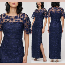 NEW 278 JS Collections 8 Brooke Floral Embroidered Column Gown Navy J1988