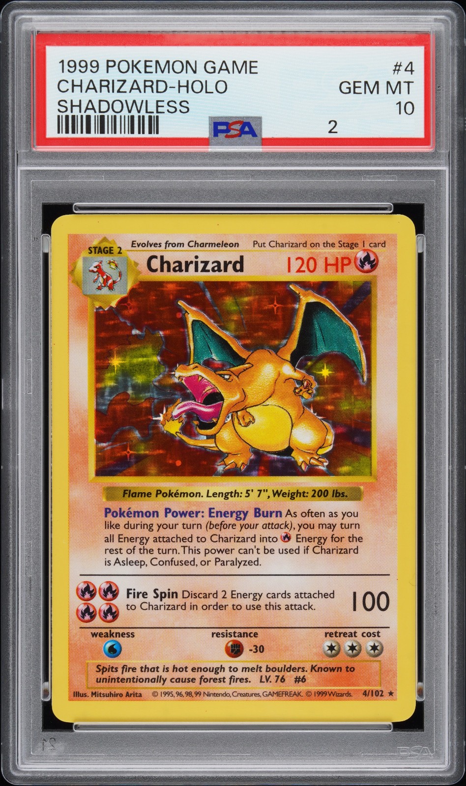 1999 Pokemon Base Set (Shadowless)  Charizard 004/102 Holo PSA 10 POP 58