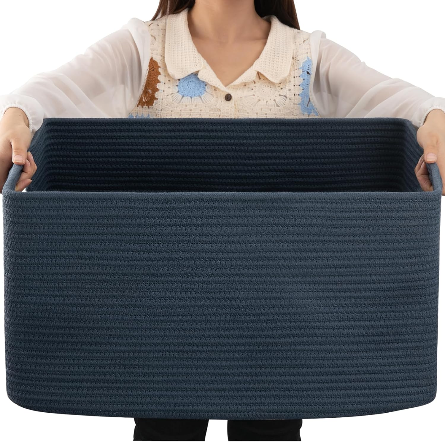 75L Large Blanket Basket, Woven Storage Basket with Handle, Cotton Rope Basket 2