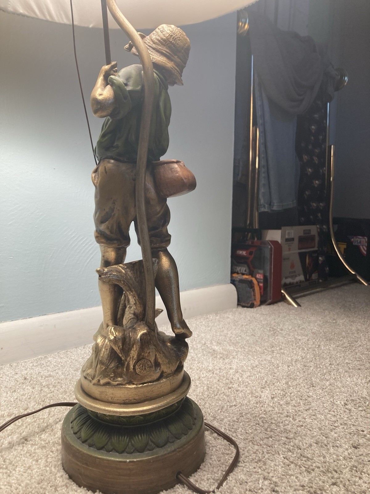 L F Moreau Boy With Fishing Pole - “The Duck Fisherman” 3-way Lamp - Nice Cond.