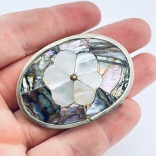 Belt Buckle With Abalone and Mother Of Pearl Shell Inlay Flower Design Mexico