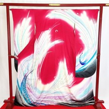 Kimono japonais « FURISODE » soie/rouge/paon/luxe/vintage/longueur : 168 cm...