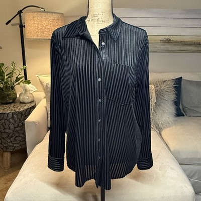 GAP (L) Womens Long-Sleeve Velvet Burnout Pinstriped Blouse-Old Money Whimsygoth