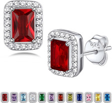 Sparkling 925 Sterling Silver Birthstone Stud Earrings for Women, Heart/Round/Te