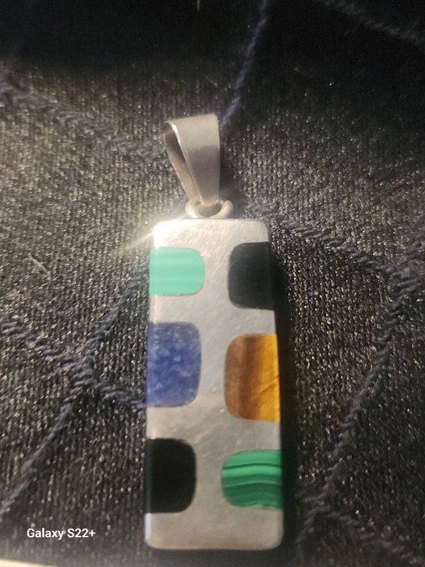 Large Mexico signed Antonio Hernandez,  STERLING Silver PENDANT W/ INLAID GEMS