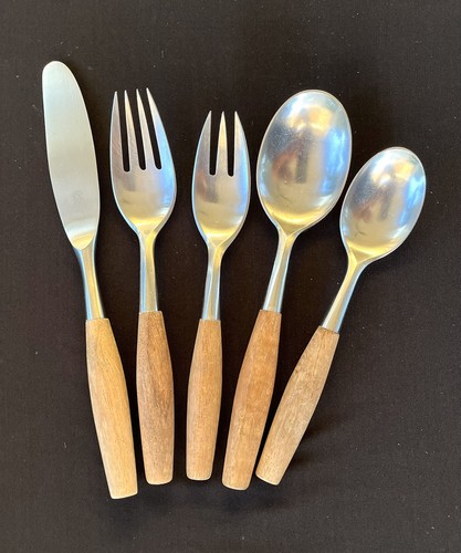 30 Pcs DANSK MCM Fjord Wood Handle Stainless 4 Ducks Logo Germany Flatware Lot - Picture 8 of 13