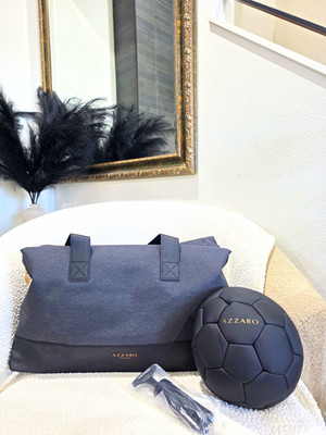 Azzaro Weekender Bag With Top Handle, Detachable Strap, and Soccer Ball.