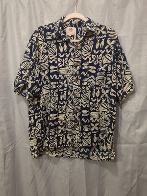 Mango Moon mens L Rayon Hawaiian shirt blue tropical hand block print boho boxy