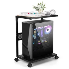 PC Stand Computer Tower Stand 2-Tier Metal CPU Holder with Locking Caster Whe...