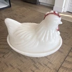 Vintage White Milk Glass Hen on Nest Covered Dish Basket Pattern