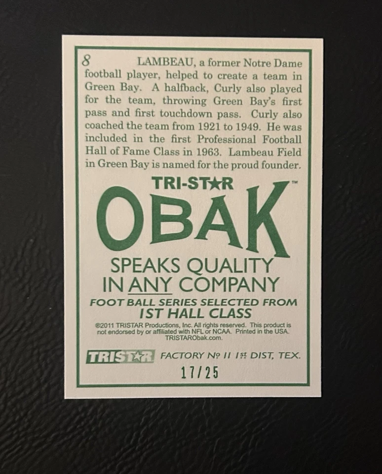 2011 Tristar Obak Green #8 Curly Lambeau /25 - Image 2 of 2