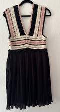 Zara Dress Crochet Knit V-Neck Pleated Skirt Knee Length Sz Med Black Pink Boho