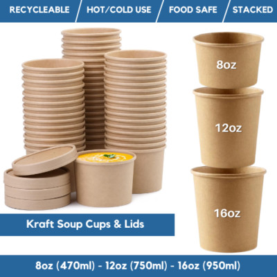 Einweg Suppenschalen Kraft Papier Suppen Tassen mit Deckel Mitnehmen Eiscremetöpfe