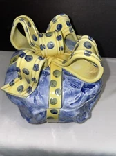 Italian Pottery Covered Cabbage Serving Bowl Blues And Yellow Big Bow Lid Rare
