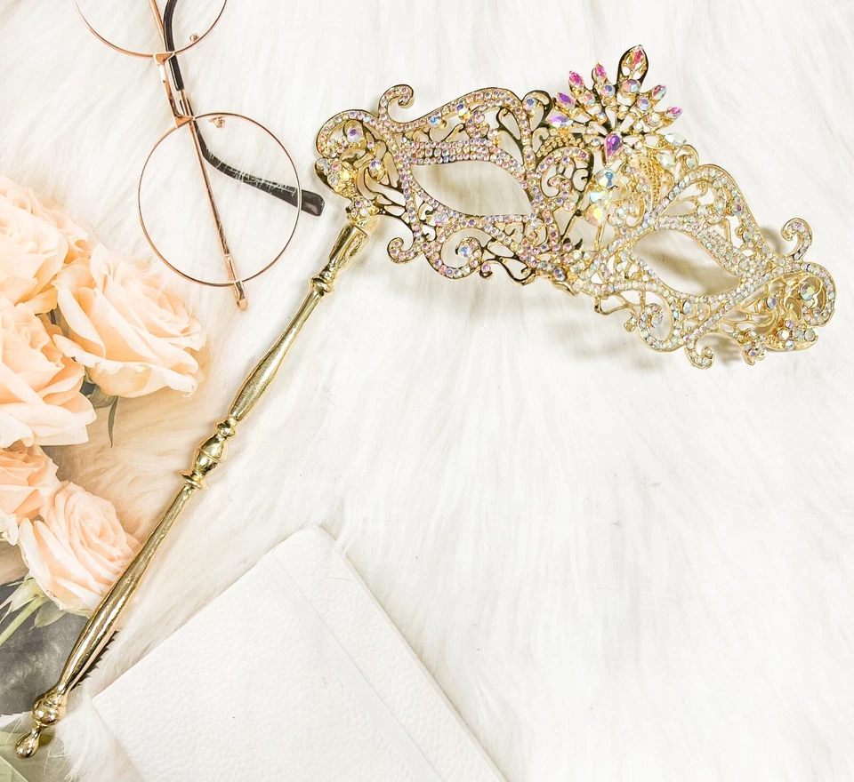Masquerade Mask with Stick, Luxury Crystal Mask, Rhinestone Yellow Gold Mask - Image 2 of 4