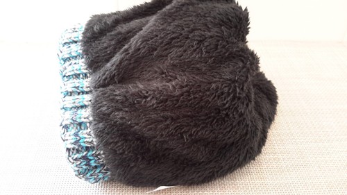 Markenlos Strick gesprenkeltes Garn Beanie Bommel Skimütze blau/grau Kunstfell gefüttert - Bild 5 von 7