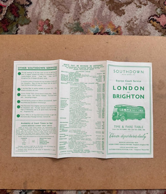 1934 Southdown London Brighton Bus Reisebus Fahrplan Handzettel Tarife Fahrpreis Tabelle