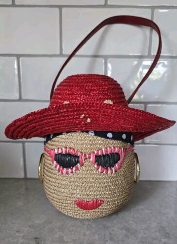 Vintage Lulu Guinness Blanche Face Motif Raffia Woven Straw Basket Handbag Purse