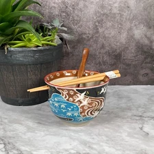 5"Japanese Lake and Bird Ceramic Ramen Noodle Rice Bowl W/chopsticks &spoon gift