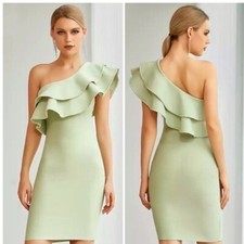 One Shoulder Ruffles Mini Bandage Dress Sexy Sleeveless Green womens M
