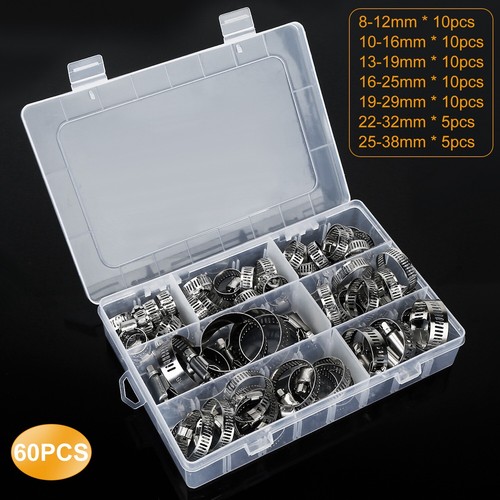 60 × Hose Clamp Set Stainless Steel Adjustable Worm Gear Pipe Tube Hose Clip Kit - Picture 10 of 10