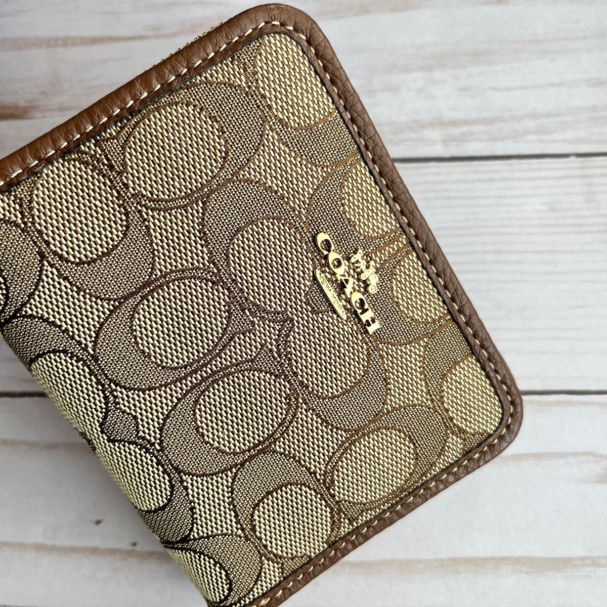 COACH Small Zip Around Wallet In Signature Jacquard Khaki Saddle Multi CH389 COACH Small Zip Around Wallet In Signature Jacquard Khaki Saddle Multi CH389