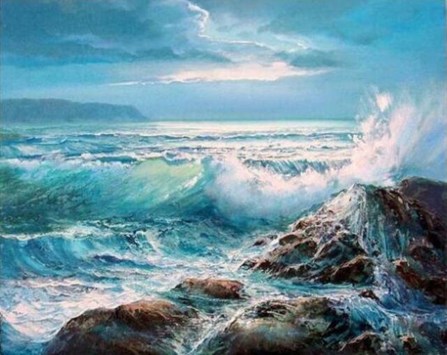 Ocean Waves Crashing On Rocks Sea Painting Artwork Paint