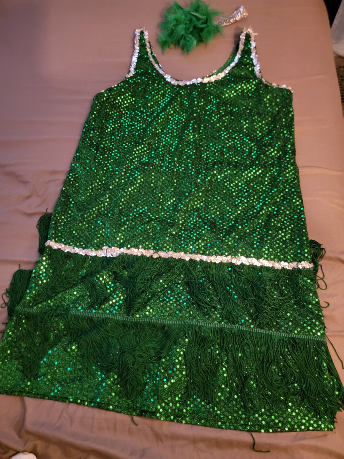 Womens XL Sequin & Fringe Green Flapper Costume with … Gem