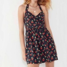 Urban Outfitters Mamie Halter Mini Dress Linen Cherry Print Pin Up Size Small