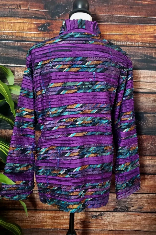 Chicos Design Jacket Blouse Size 1 M Vintage Silk Applique Wearable Art Purple - Image 4 of 4
