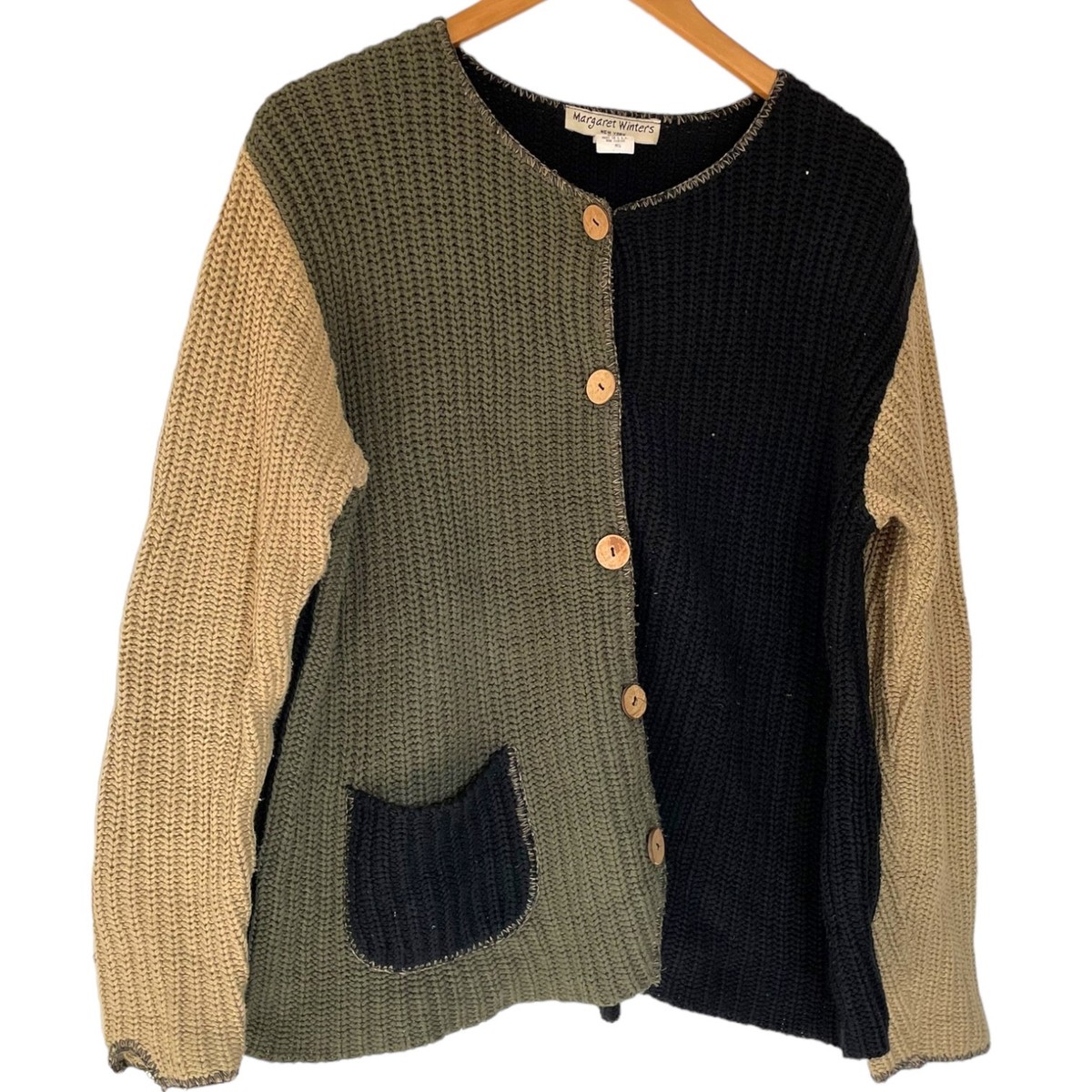 Margaret Winters Colorblock Cardigan Sweater M Green Black Earth Tones  Lagenlook