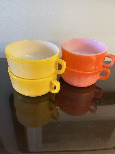 Vintage Fire King Anchor Hocking Oven-Proof Yellow, Orange Mug Soup Bowl-4 Set