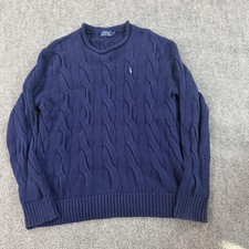 Polo Ralph Lauren Sweater Mens Medium Blue 100 Cotton Cable Knit Chunky