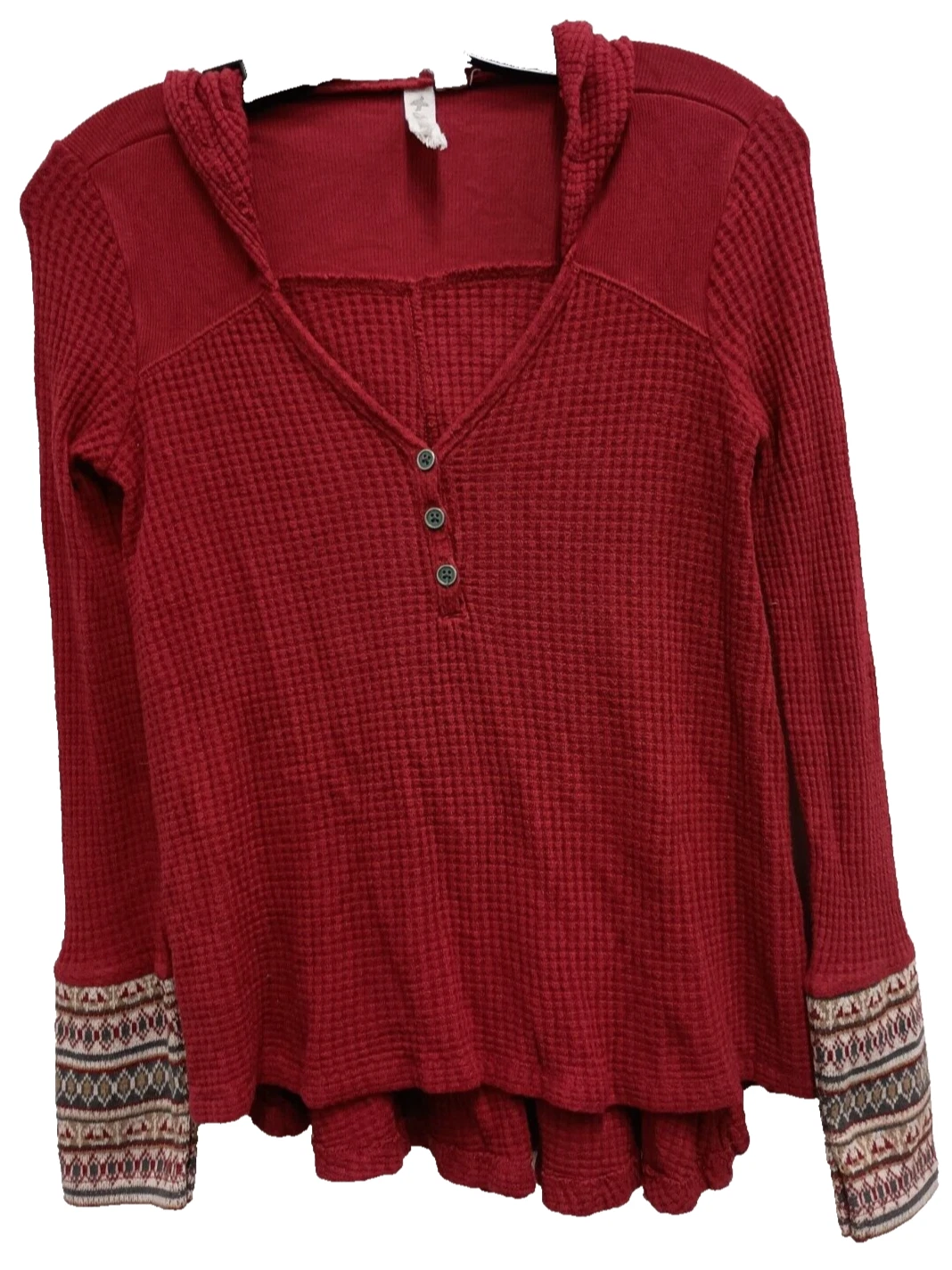 Anthropologie Others Follow Thermal Hoodie XS Red Aztec Cuff BOHO Casual